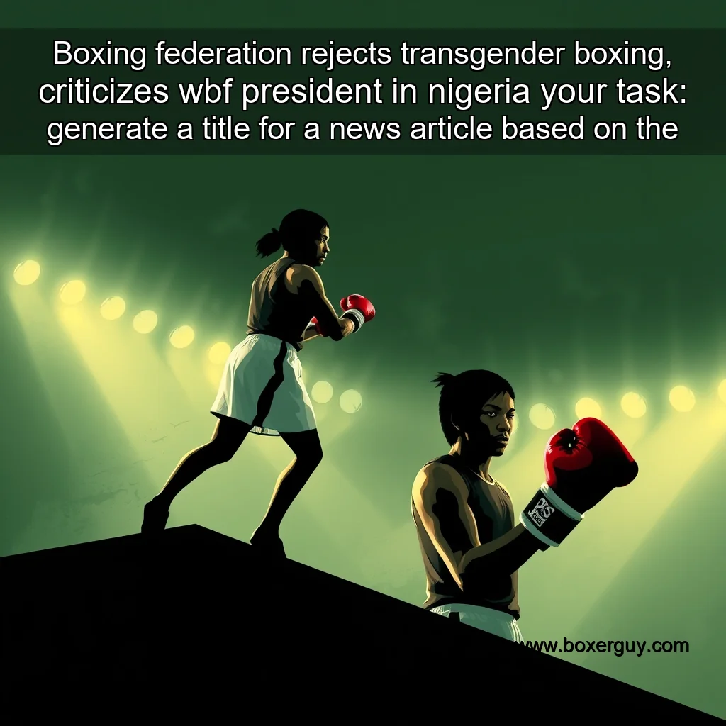 You are currently viewing Boxing federation rejects transgender boxing, criticizes wbf president in nigeria


 your task:

generate a title for a news article based on the provided document excerpt.